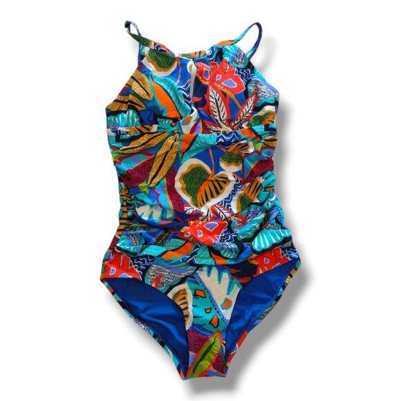 Kathy Ireland One Piece Shirred High Neck Keyhole Swimsuit - Picture 2 of 3